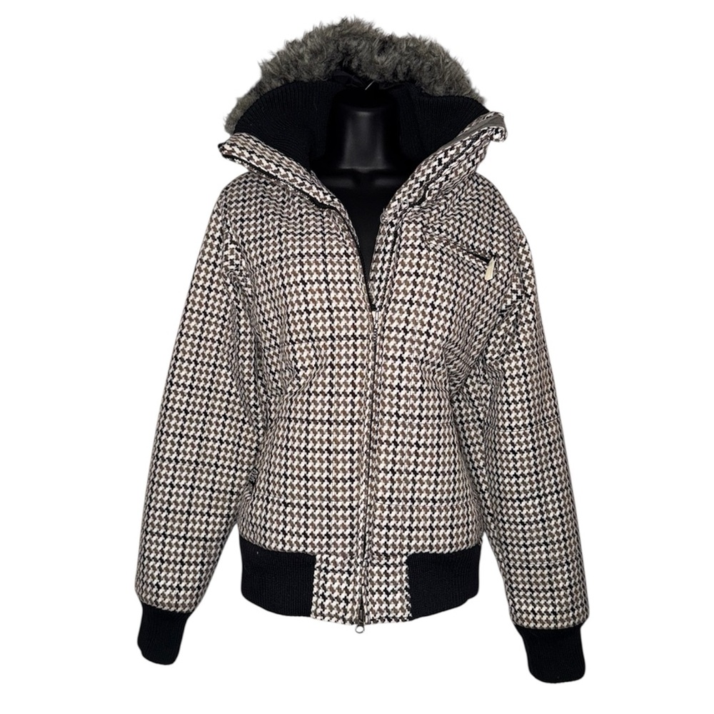Roxy 5000 Houndstooth Snow Jacket Fur Line Hood Zip Up Coat Vintage Knit Utility